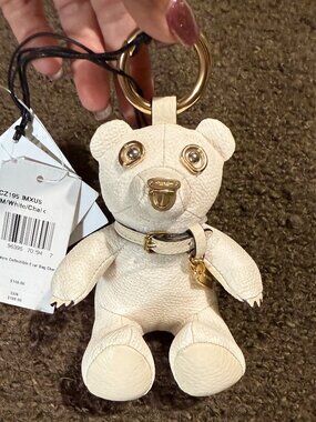 NEW Coach Bear Bag Charm Signature C White Chalk Pebbled Leather
